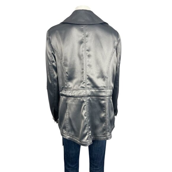 White House Black Market Satin Tie Jacket 8 Gray Silver Roll Tab Sleeves - Picture 4 of 8